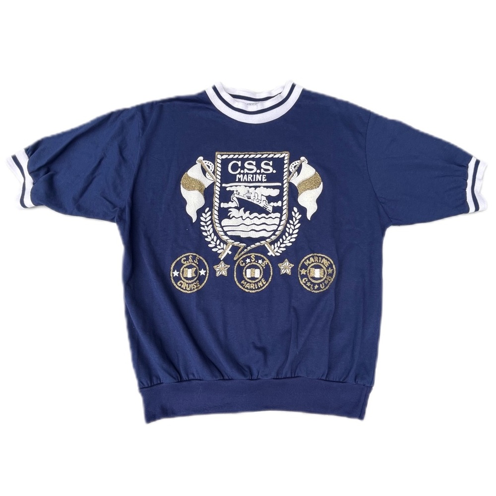 Vintage 80s CSS Marine Sailor Cristin Stevens Navy Blue White Graphic T-shirt